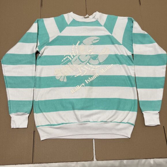 VTG Maine Lobster Puffy Graphic L Sweatshirt Striped 90s USA Blue White Tourism - Picture 1 of 8